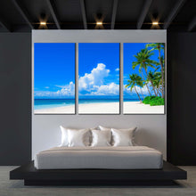 Load image into Gallery viewer, ocean sky canvas wall art green trees ocean beach 3 piece multi canvas artwork blue cloudy ocean canvas print For Bedroom
