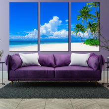 Load image into Gallery viewer, ocean sky canvas wall art green trees ocean beach 3 piece multi canvas artwork blue cloudy ocean canvas print For Living Room
