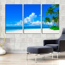 Load image into Gallery viewer, ocean sky canvas wall art green trees ocean beach 3 piece multi canvas artwork blue cloudy ocean canvas print In Living Room
