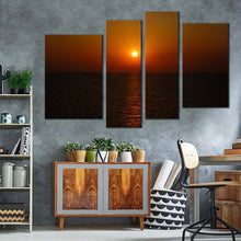 Load image into Gallery viewer, ocean sky canvas wall art grey ocean 4 piece canvas print orange sky mediterranean sea multiple canvas in living room
