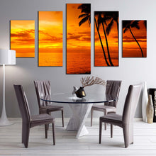 Load image into Gallery viewer, ocean sky canvas wall art orange cloudy seascape canvas set dramatic yellow ocean 5 piece canvas print In Dining Room
