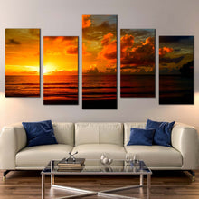 Load image into Gallery viewer, ocean rocks canvas wall art vietnam blue ocean 5 piece canvas quy nhon bay ocean beach canvas print orange sky stony ocean multi canvas artwork For Living room
