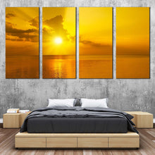 Load image into Gallery viewer, ocean sky canvas wall art yellow cloudy sky sunset reflection 4 piece canvas print orange cloudy sunset seascape canvas set For Bedroom
