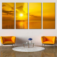 Load image into Gallery viewer, ocean sky canvas wall art yellow cloudy sky sunset reflection 4 piece canvas print orange cloudy sunset seascape canvas set In Living room
