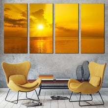 Load image into Gallery viewer, ocean sky canvas wall art yellow cloudy sky sunset reflection 4 piece canvas print orange cloudy sunset seascape canvas set For Living Room
