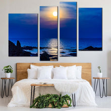 Load image into Gallery viewer, ocean sky canvas wall art yellow sunset reflection on water canvas print blue ocean beach 4 piece multi canvas for bedroom
