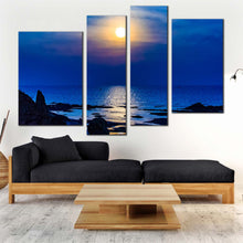 Load image into Gallery viewer, ocean sky canvas wall art yellow sunset reflection on water canvas print blue ocean beach 4 piece multi canvas for your living room 
