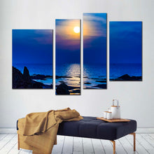 Load image into Gallery viewer, ocean sky canvas wall art yellow sunset reflection on water canvas print blue ocean beach 4 piece multi canvas in living room
