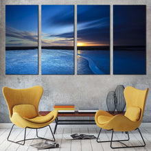 Load image into Gallery viewer, ocean sunrise canvas wall art blue ocean seascape 4 piece canvas set yellow cloudy sky sea canvas print In Living room
