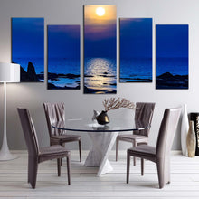 Load image into Gallery viewer, ocean sunset canvas wall art blue ocean beach 5 piece canvas set beautiful yellow sun reflection ocean canvas print In Dining Room
