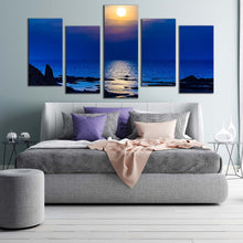 Load image into Gallery viewer, ocean sunset canvas wall art blue ocean beach 5 piece canvas set beautiful yellow sun reflection ocean canvas print For Bedroom
