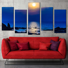 Load image into Gallery viewer, ocean sunset canvas wall art blue ocean beach 5 piece canvas set beautiful yellow sun reflection ocean canvas print For Living room
