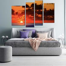 Load image into Gallery viewer, ocean sunset canvas wall art blue ocean waves canvas print dramatic cloudy red sky ocean 4 piece canvas set for bedroom
