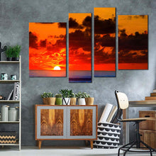 Load image into Gallery viewer, ocean sunset canvas wall art blue ocean waves canvas print dramatic cloudy red sky ocean 4 piece canvas set for your living room
