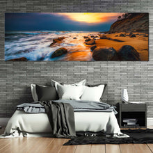 Load image into Gallery viewer, ocean  sunset  canvas  wall  art  brown  ocean  rock  boulders  1  piece  canvas  print  yellow  cloudy  sky  seascape  canvas  artwork For Bedroom
