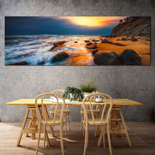 Load image into Gallery viewer, ocean  sunset  canvas  wall  art  brown  ocean  rock  boulders  1  piece  canvas  print  yellow  cloudy  sky  seascape  canvas  artwork For Dinning Room
