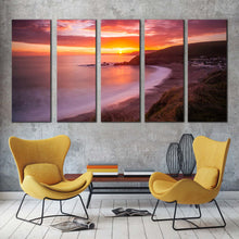 Load image into Gallery viewer, ocean sunset canvas wall art challaborough bay yellow sunset ocean 5 piece canvas brown ocean beach canvas print In Living room
