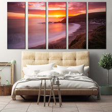 Load image into Gallery viewer, ocean sunset canvas wall art challaborough bay yellow sunset ocean 5 piece canvas brown ocean beach canvas print For Bedroom
