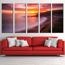 Load image into Gallery viewer, ocean sunset canvas wall art challaborough bay yellow sunset ocean 5 piece canvas brown ocean beach canvas print For Living room
