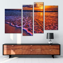 Load image into Gallery viewer, ocean sunset canvas wall art cloudy orange ocean sky 4 piece canvas print blue ocean waves multiple canvas for your living room 
