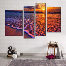 Load image into Gallery viewer, ocean sunset canvas wall art cloudy orange ocean sky 4 piece canvas print blue ocean waves multiple canvas in living room
