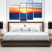 Load image into Gallery viewer, ocean sunset canvas wall art dramatic blue sea waves multi canvas artwork orange clouds ocean seascape 4 piece canvas print for your bedroom
