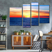 Load image into Gallery viewer, ocean sunset canvas wall art dramatic blue sea waves multi canvas artwork orange clouds ocean seascape 4 piece canvas print in living room
