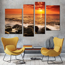 Load image into Gallery viewer, ocean sunset canvas wall art ocean rock boulders canvas print yellow sunset at sea canvas set orange seascape waves 4 piece multiple canvas for your living room 
