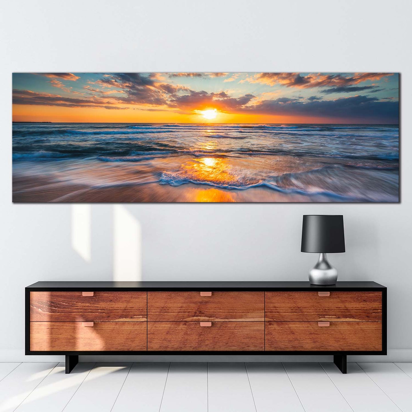 ocean  sunset  canvas  wall  art  orange  clouds  ocean  sky  panoramic  canvas  artwork  dramatic  blue  sea  waves  canvas  print For Living Room