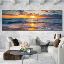 Load image into Gallery viewer, ocean  sunset  canvas  wall  art  orange  clouds  ocean  sky  panoramic  canvas  artwork  dramatic  blue  sea  waves  canvas  print In Living Room
