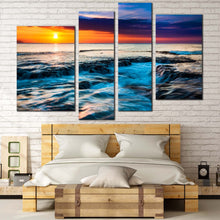 Load image into Gallery viewer, ocean sunset canvas wall art orange cloudy ocean seascape 4 piece canvas print dramatic sea waves multiple canvas for bedroom
