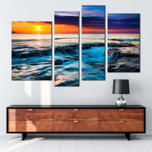 Load image into Gallery viewer, ocean sunset canvas wall art orange cloudy ocean seascape 4 piece canvas print dramatic sea waves multiple canvas for your living room 
