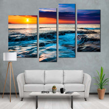 Load image into Gallery viewer, ocean sunset canvas wall art orange cloudy ocean seascape 4 piece canvas print dramatic sea waves multiple canvas in living room
