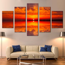 Load image into Gallery viewer, ocean  sunset  canvas  wall  art  orange  red  cloudy  ocean  seascape  5  piece  canvas  print  dramatic  sea  waves  multiple  canvas In Living Room
