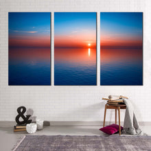 Load image into Gallery viewer, ocean sunset canvas wall art red ocean sky 3 piece canvas blue seascape reflection ocean water canvas print
