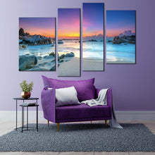 Load image into Gallery viewer, ocean water canvas wall art blue ocean beach 4 piece canvas set yellow sky ocean rocks canvas print for your living room 
