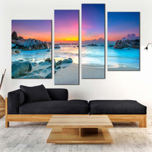 Load image into Gallery viewer, ocean water canvas wall art blue ocean beach 4 piece canvas set yellow sky ocean rocks canvas print
