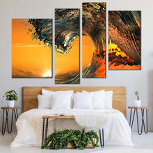 Load image into Gallery viewer, ocean wave canvas wall art orange beach wave 4 piece canvas set yellow sunrise wave break canvas print for bedroom
