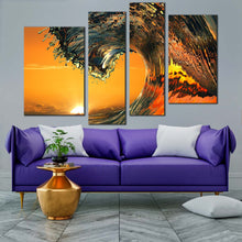 Load image into Gallery viewer, ocean wave canvas wall art orange beach wave 4 piece canvas set yellow sunrise wave break canvas print for your living room 
