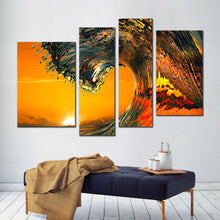 Load image into Gallery viewer, ocean wave canvas wall art orange beach wave 4 piece canvas set yellow sunrise wave break canvas print in living room
