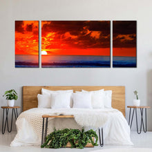 Load image into Gallery viewer, ocean waves canvas print beautiful blue ocean 3 piece canvas wall art red sky ocean sunset triptych multi canvas artwork For Bedroom
