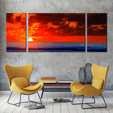 Load image into Gallery viewer, ocean waves canvas print beautiful blue ocean 3 piece canvas wall art red sky ocean sunset triptych multi canvas artwork In Living room
