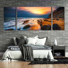 Load image into Gallery viewer, ocean waves canvas print brown ocean rocks 3 piece canvas wall art yellow sunset at sea multi canvas artwork For Bedroom
