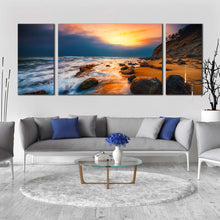 Load image into Gallery viewer, ocean waves canvas print brown ocean rocks 3 piece canvas wall art yellow sunset at sea multi canvas artwork In Living Room
