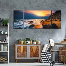 Load image into Gallery viewer, ocean waves canvas print brown ocean rocks 3 piece canvas wall art yellow sunset at sea multi canvas artwork
