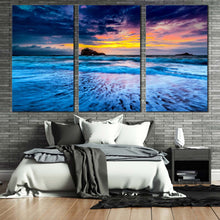 Load image into Gallery viewer, ocean waves canvas print cloudy yellow sky ocean multiple canvas biarritz blue ocean 3 piece canvas wall art In Bedroom
