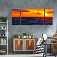 Load image into Gallery viewer, ocean waves canvas wall art beautiful blue sea 3 piece canvas print red clouds ocean sky multi canvas artwork
