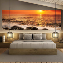 Load image into Gallery viewer, ocean  waves  canvas  wall  art  orange  seascape  ocean  rocks  1  piece  canvas  print  yellow  sunset  at  sea  canvas  artwork For Bedroom
