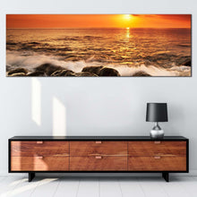 Load image into Gallery viewer, ocean  waves  canvas  wall  art  orange  seascape  ocean  rocks  1  piece  canvas  print  yellow  sunset  at  sea  canvas  artwork In Living Room
