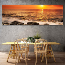 Load image into Gallery viewer, ocean  waves  canvas  wall  art  orange  seascape  ocean  rocks  1  piece  canvas  print  yellow  sunset  at  sea  canvas  artwork In Dinning Room
